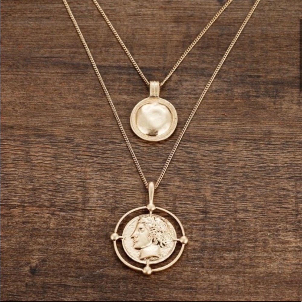 18K Gold Coin Pendant Double Chain Necklace New - Picture 3 of 3
